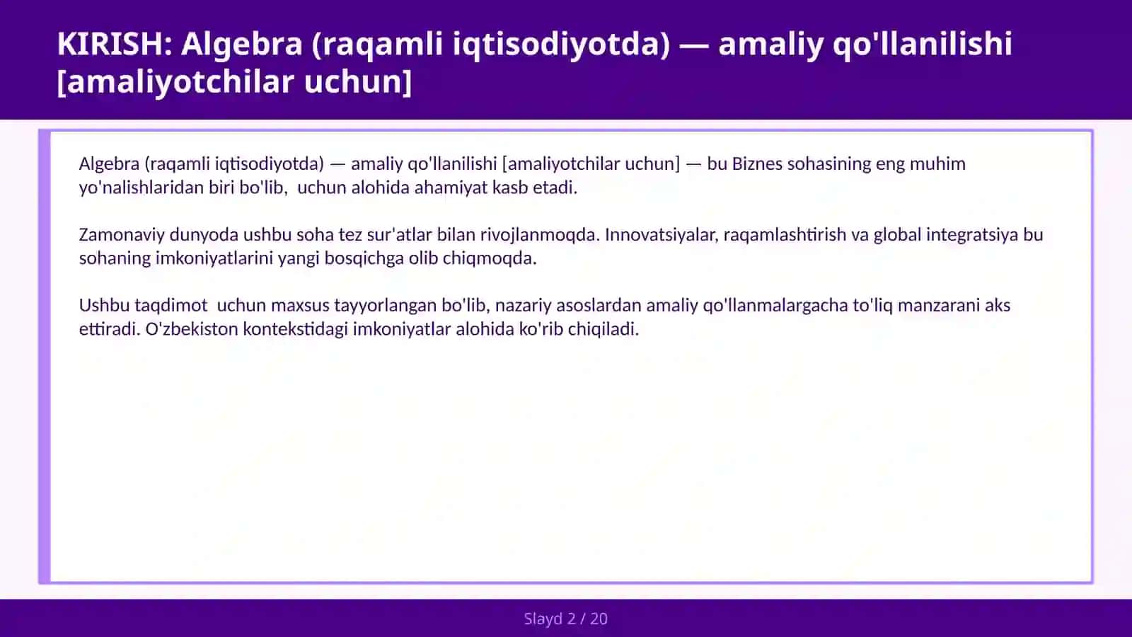 Algebra (Raqamli iqtisodiyotda) - Amaliy qo'llanilishi 2