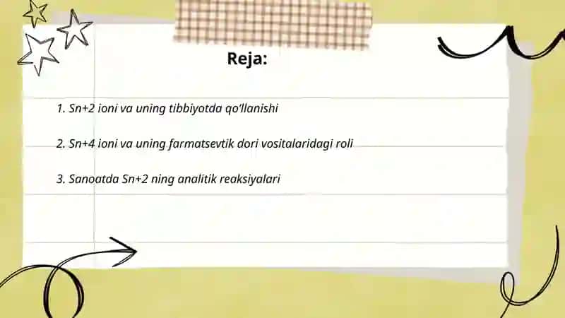 IV guruh Sn+2, Sn+4, As+3, As+5 kationlarini tibbiyotda qo‘llanishi va analitik reaksiyalari. 2