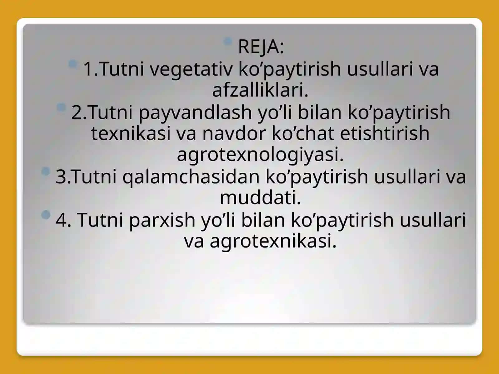 TUTNI VEGETATIV USULLARDA KO’PAYTIRISH VA NAVDOR KO’CHAT ETISHTIRISH AGROTEXNOLOGIYASI 2