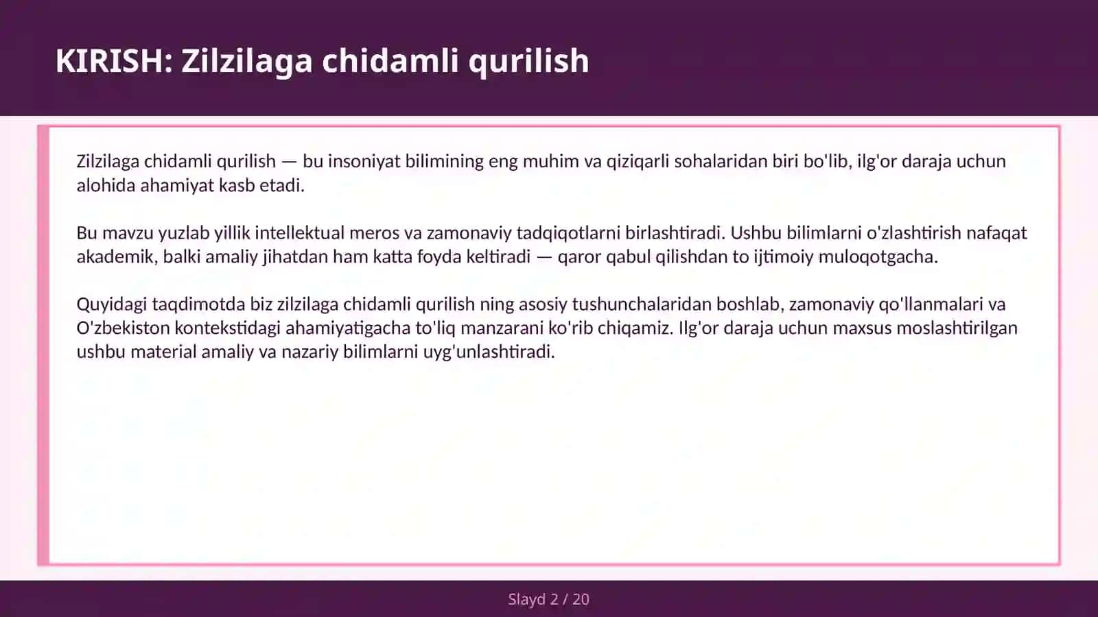 Zilzilaga chidamli qurilish 2