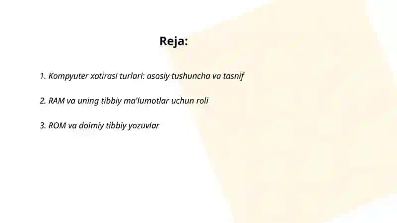 Kompyuter xotirasi turlari va tibbiy ma'lumotlar saqlash 2