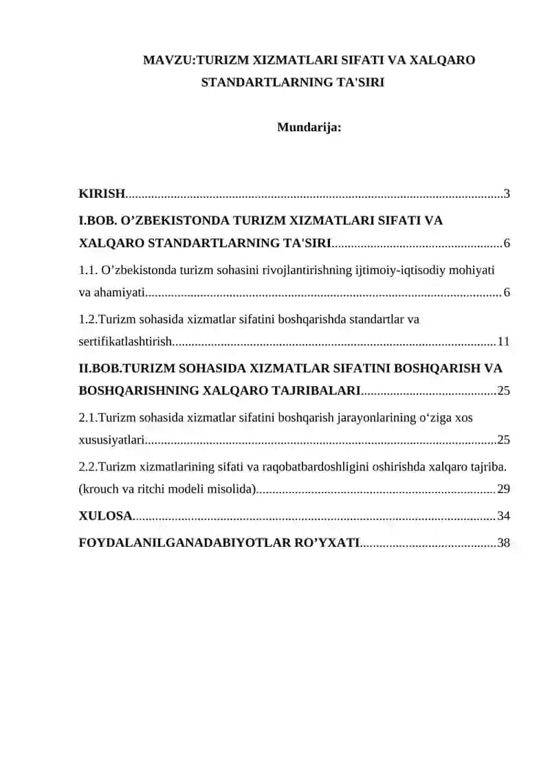 TURIZM XIZMATLARI SIFATI VA XALQARO STANDARTLARNING TA'SIRI 2