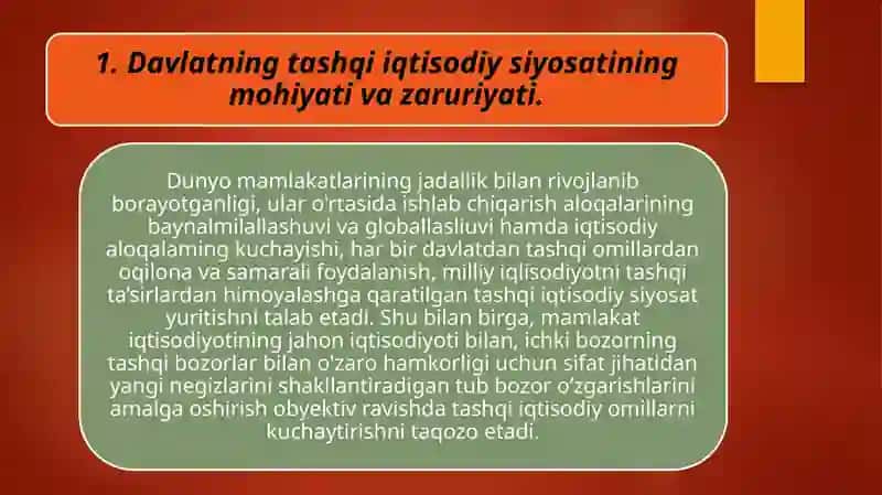 Davlatning tashqi iqtisodiy faoliyatni tartibga solish siyosati. 2