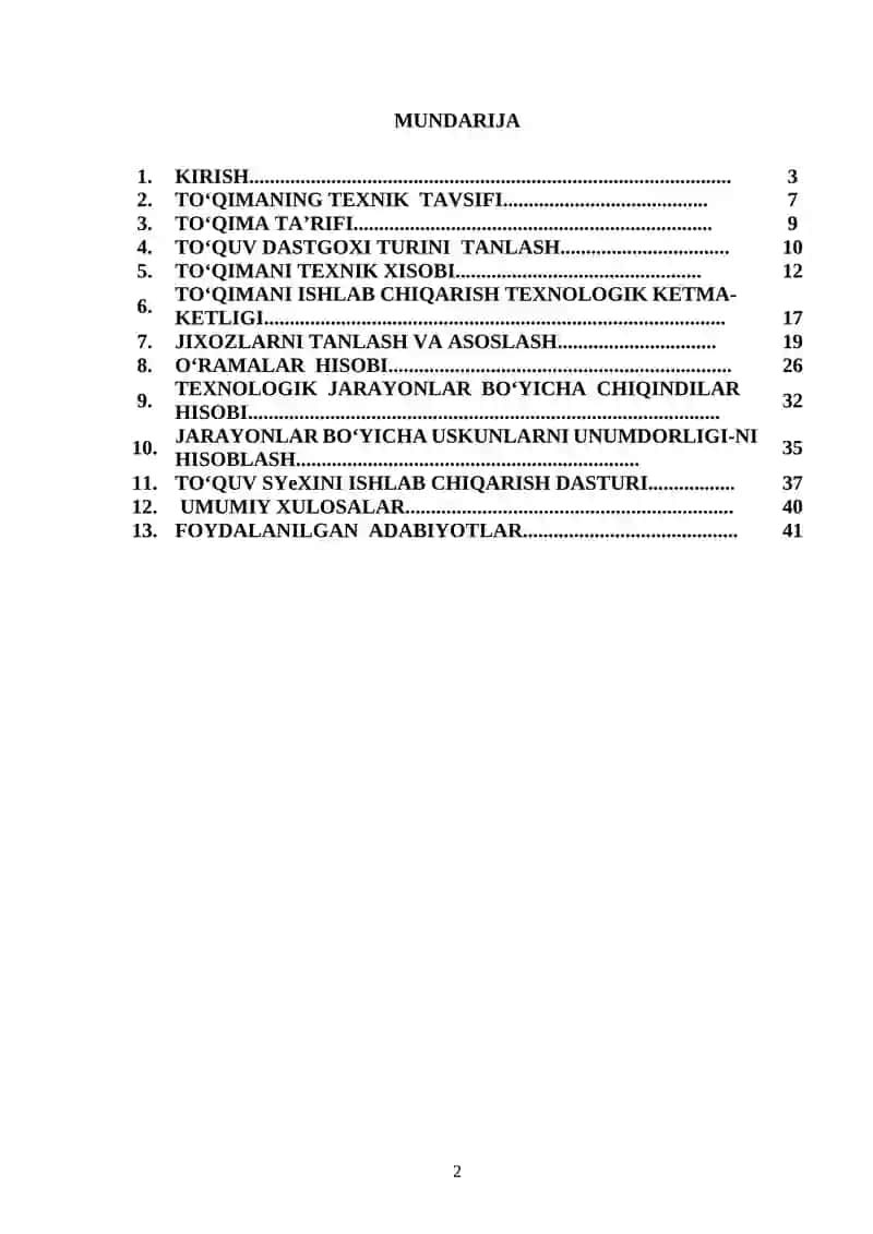 “Yillik ishlab chiqarish quvvati 2,5mln. pagonometr  bo’lgan artikuli 3145 “Diagonal’’ to’qimasini ishlab chiqarish texnologik jarayonlar loyihasi” ishlab chiqish 2