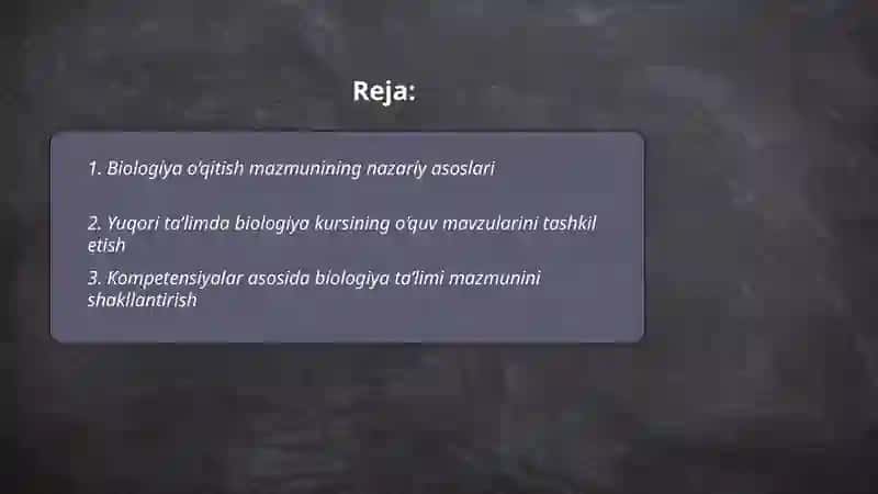 Pedagogika oliy ta’limda Biologiya o‘qitishning mazmuni Nizomova Bashoratxon 2