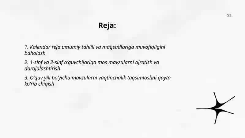 Musiqa madaniyati darslarining 1,2-sinflari uchun oʼquv qoʻllanmada berilgan kalendar rejani qayta ishlash 2