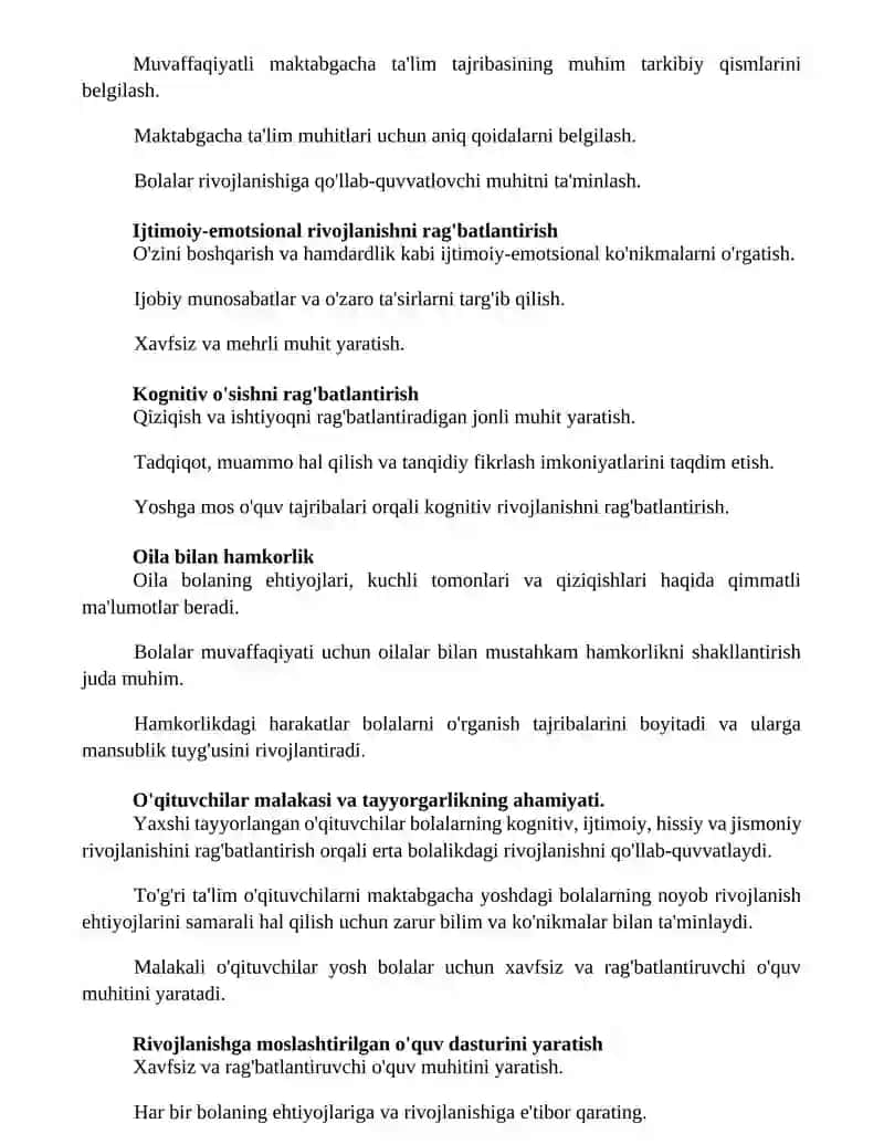 Maktabgacha ta'lim va tarbiya standarti va undagi Rivojlantiruvchi muhitni tashkil etishga qoʻyiladigan talablar 2