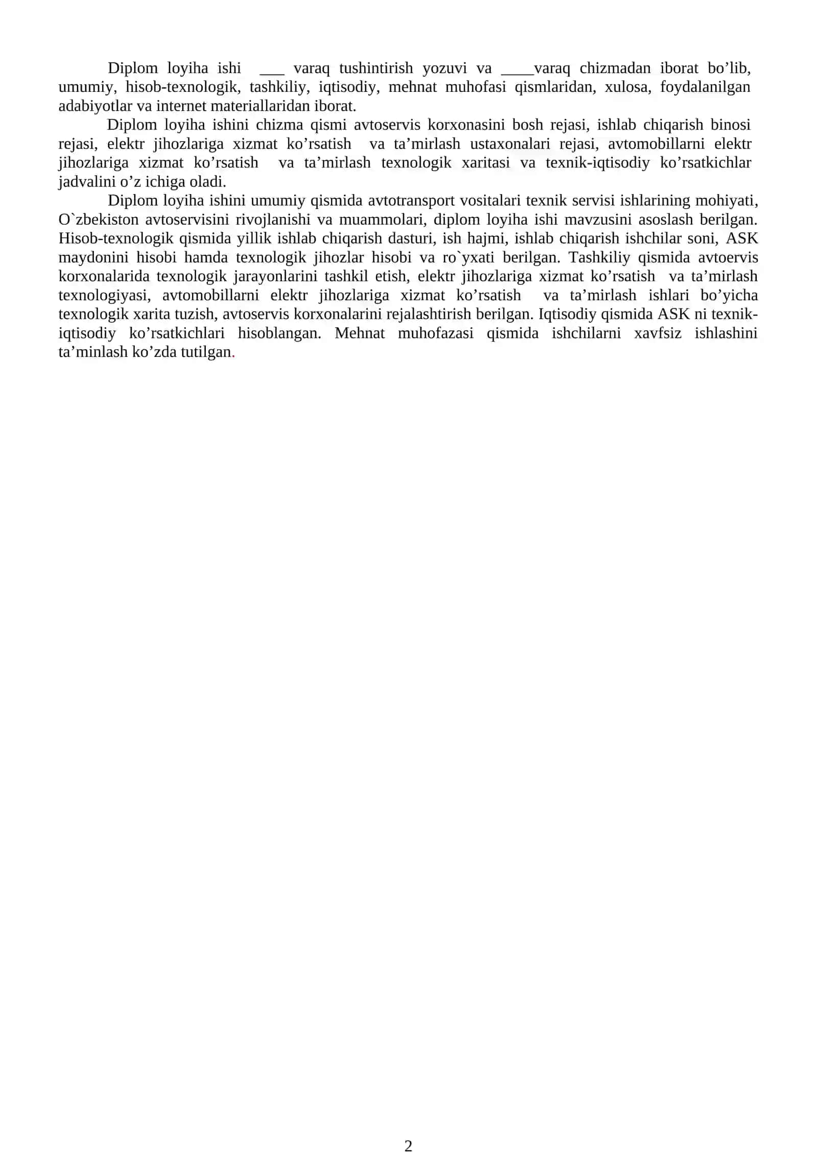 Diplom loyiha ishi - Yer uchti transport tizimlari kafedrasi 2