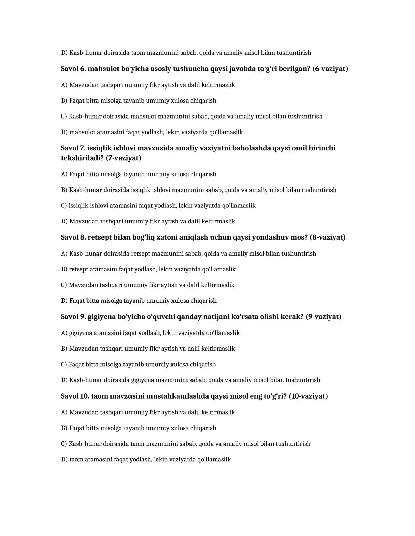 Oshpazlik texnologiyasi — 100 test javoblari bilan 2