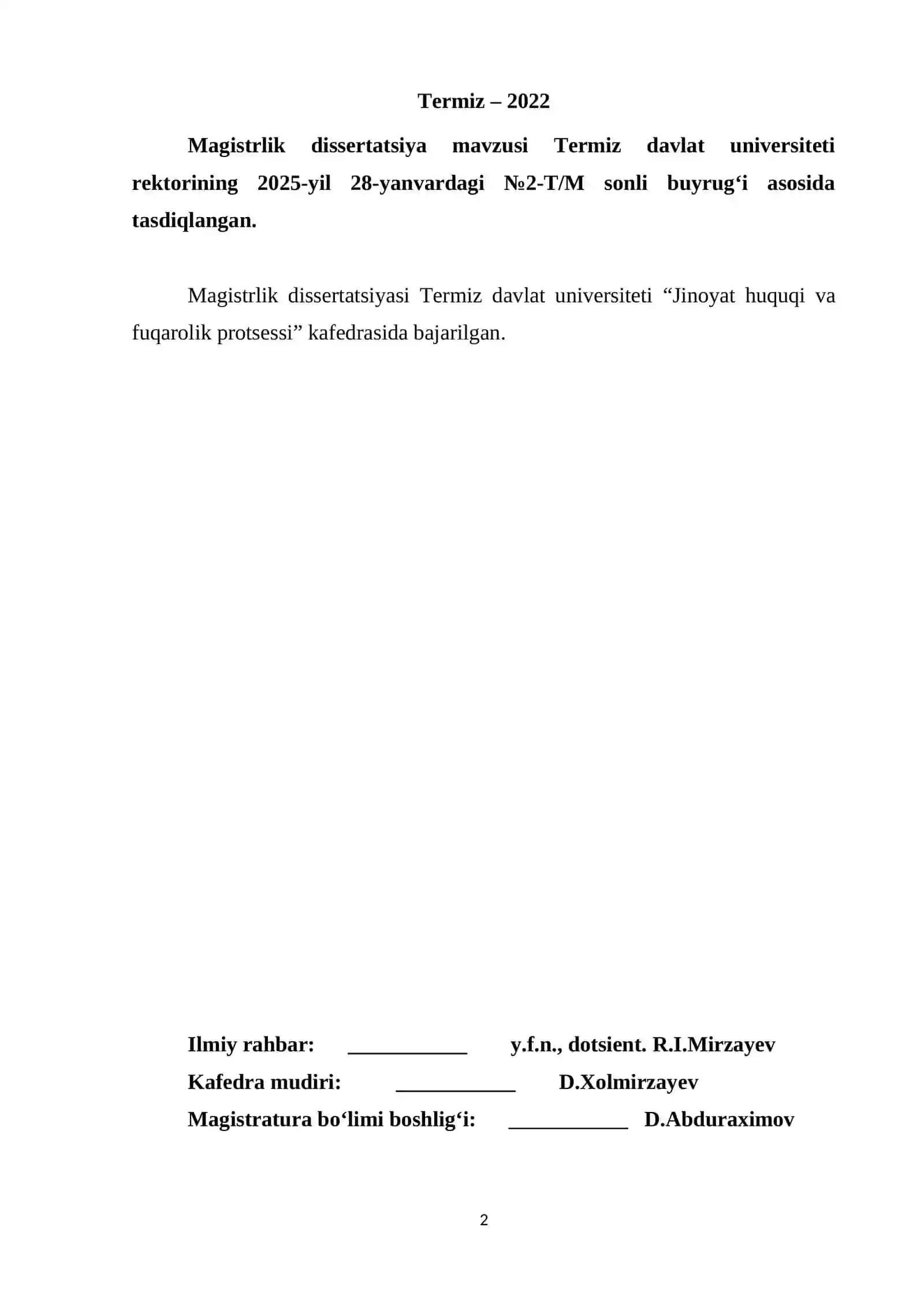 Magistrlik dissertatsiyasi "Mehnatga oid nizolarni hal qilishda advokat ishtiroki" 2