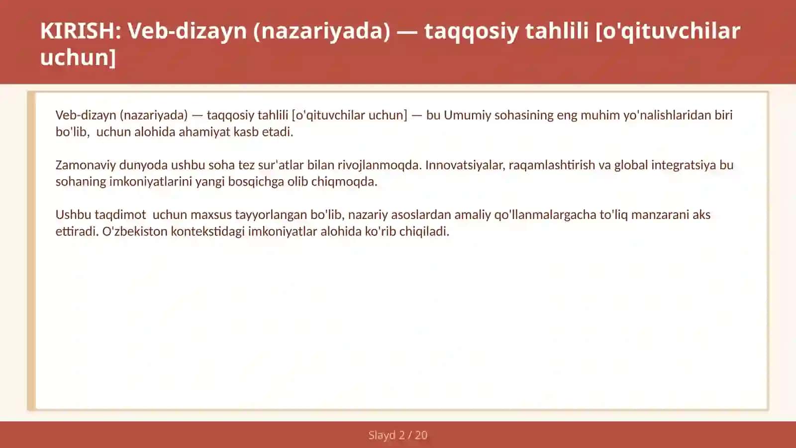 VEB-DIZAYN (NAZARIYADA) — TAQQOSIY TAHLILI [O'QITUVCHILAR UCHUN] 2