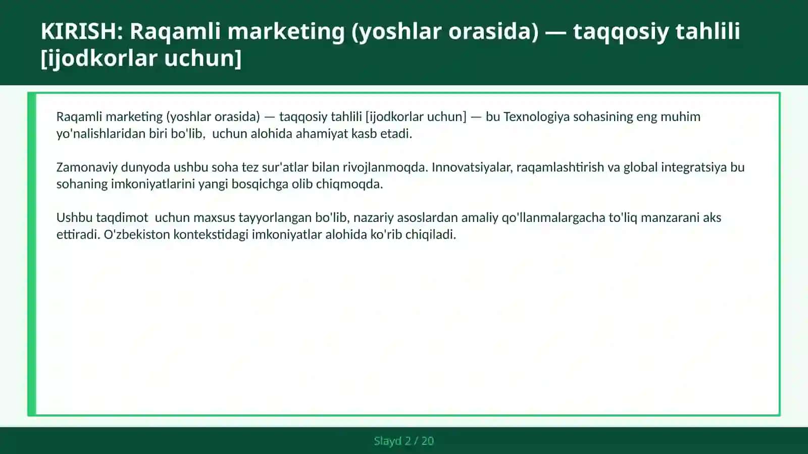 RAQAMLI MARKETING (YOSHLAR ORASIDA) — TAQQOSIY TAHLILI [IJODKORLAR UCHUN] 2