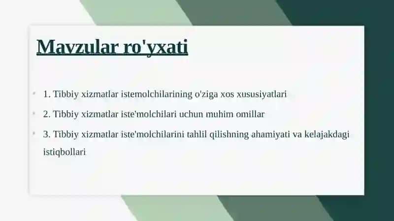 Tibbiy xizmatlar istemolchilarini tahlil qilish 2