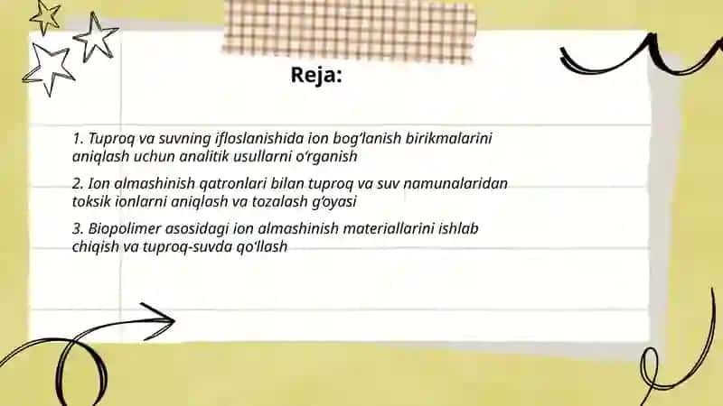Tuproq va suvning ifloslanishida ion boğlanishning birikmalarini aniqlab va ulardan tozalash ğoyasini ishlab chiqish 2