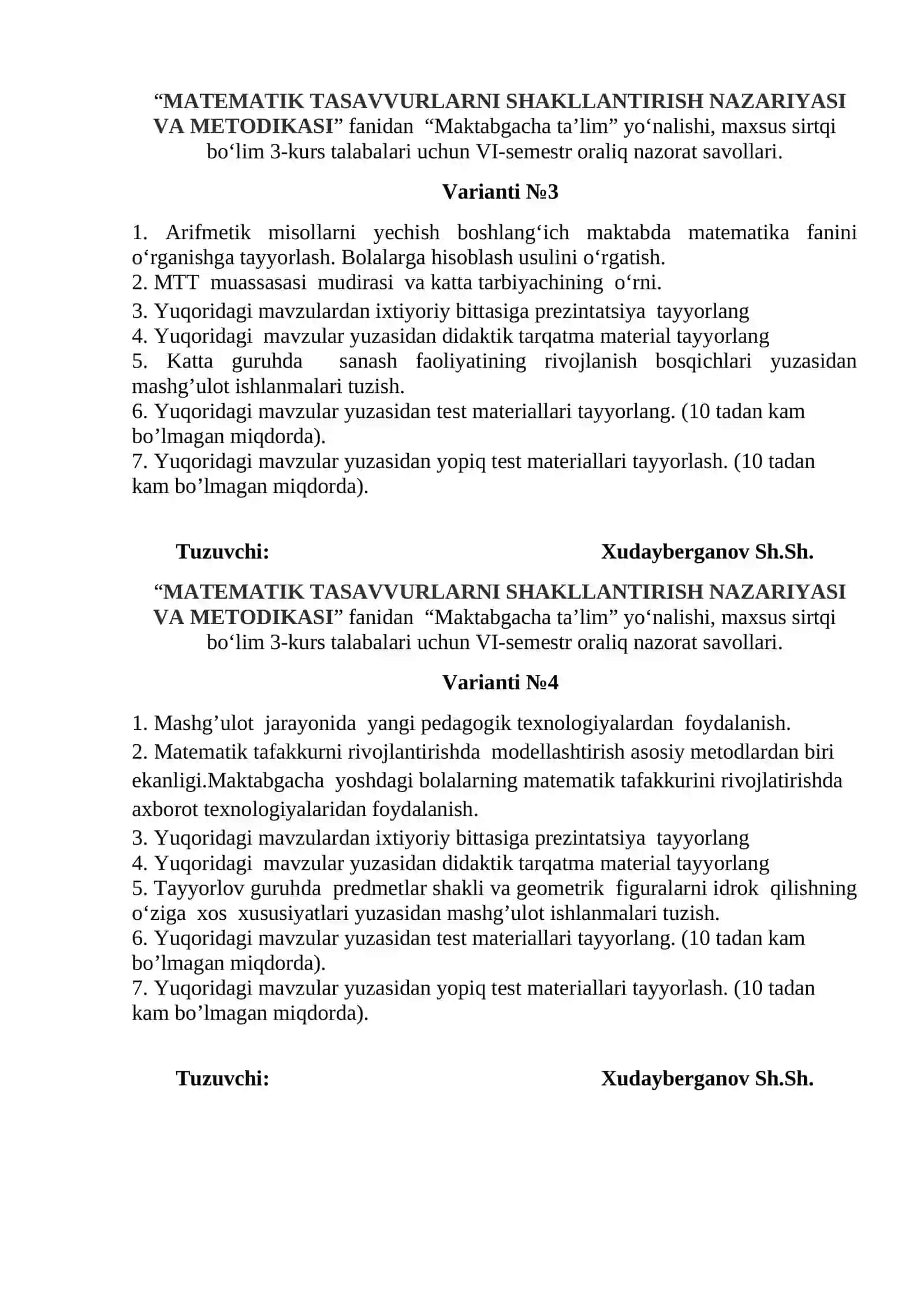 "MATEMATIK TASAVVURLARNI SHAKLLANTIRISH NAZARIYASI VA METODIKASI" 2