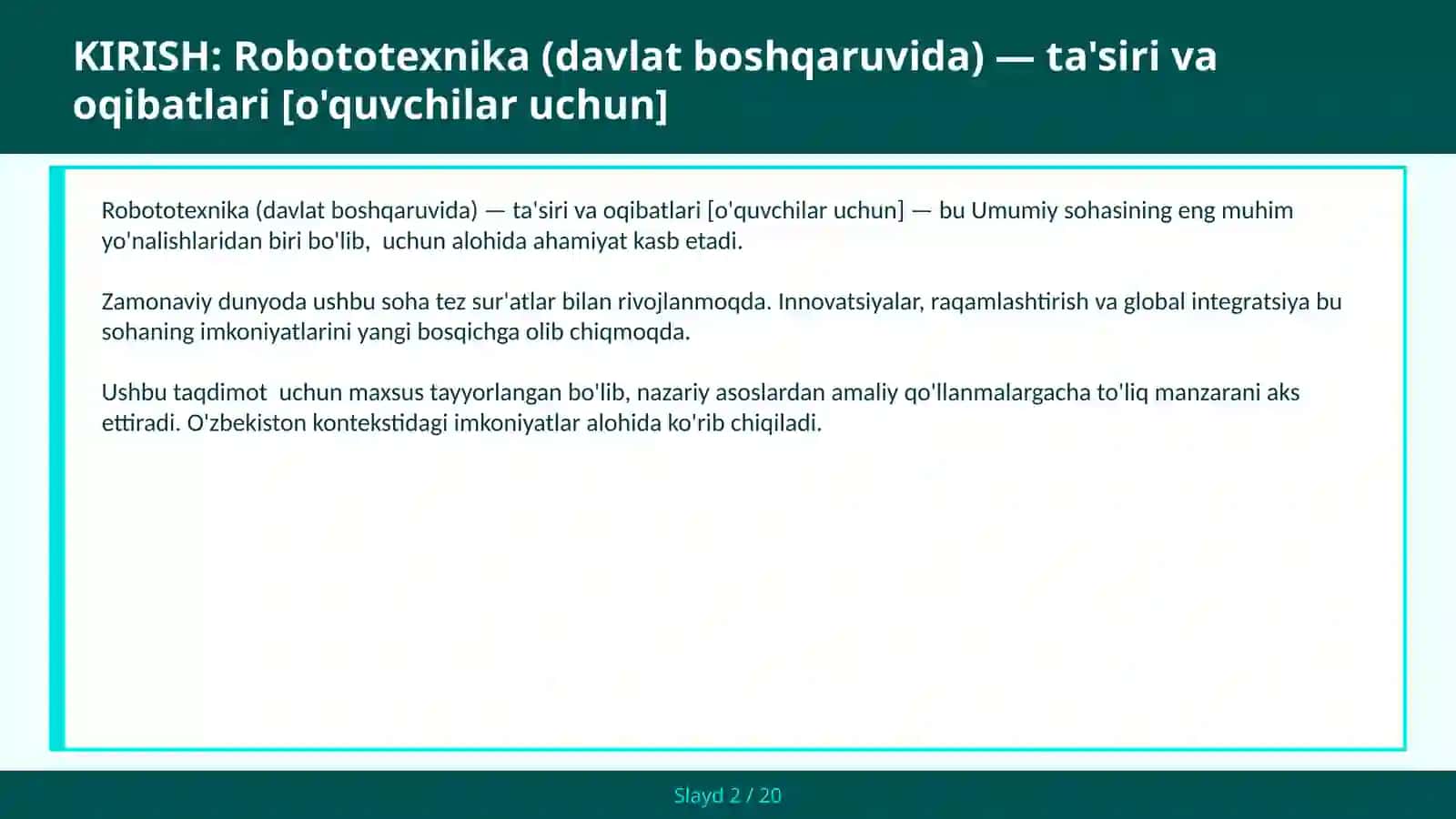 ROBOTOTEXNIKA (DAVLAT BOSHQARUVIDA) — TA'SIRI VA OQIBATLARI [O'QUVCHILAR UCHUN] 2