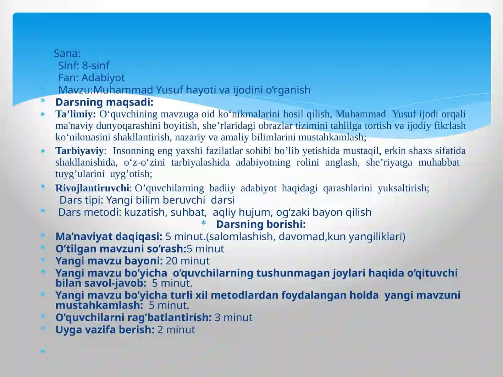 Muhammad Yusuf hayoti va ijodi boʻyicha dars ishlanma 2