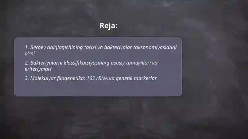Bakteriyalarni klassifikatsiyasi,toksonomiyasi va nomenklaturasi."Berji " aniqlagichi. 2