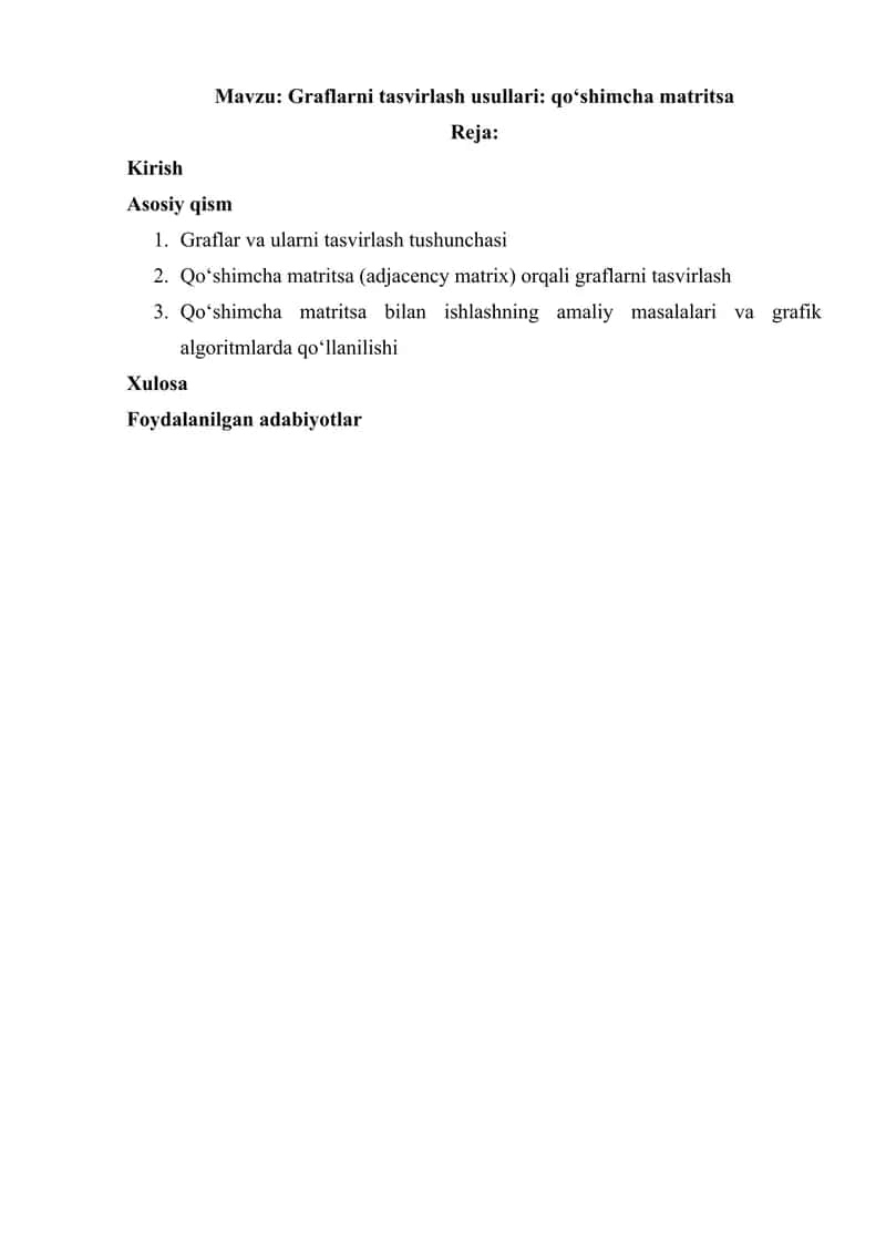 Graflarni tasvirlash usullari qoʻshimcha matritsainf 2