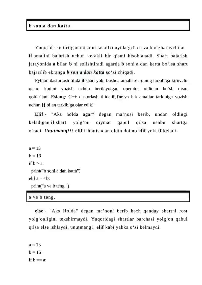 PYTHON DASTURLASH TILIDA SHART OPERATORLARI 2