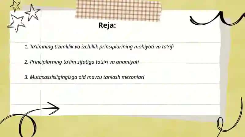 Ta'limning tizimlilik va izchillik prinsiplarini amalga oshirish qoidalarini mutaxassislingizga oid mavzu misolida taqdimot tayyorlash 2