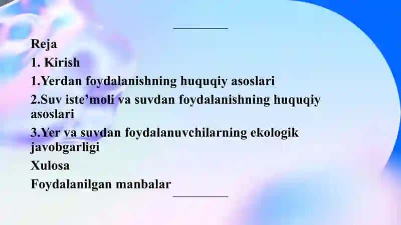 Yerdan foydalanish, suv iste’moli va suvdan foydalanuvchilarning huquq va majburiyatlar 2