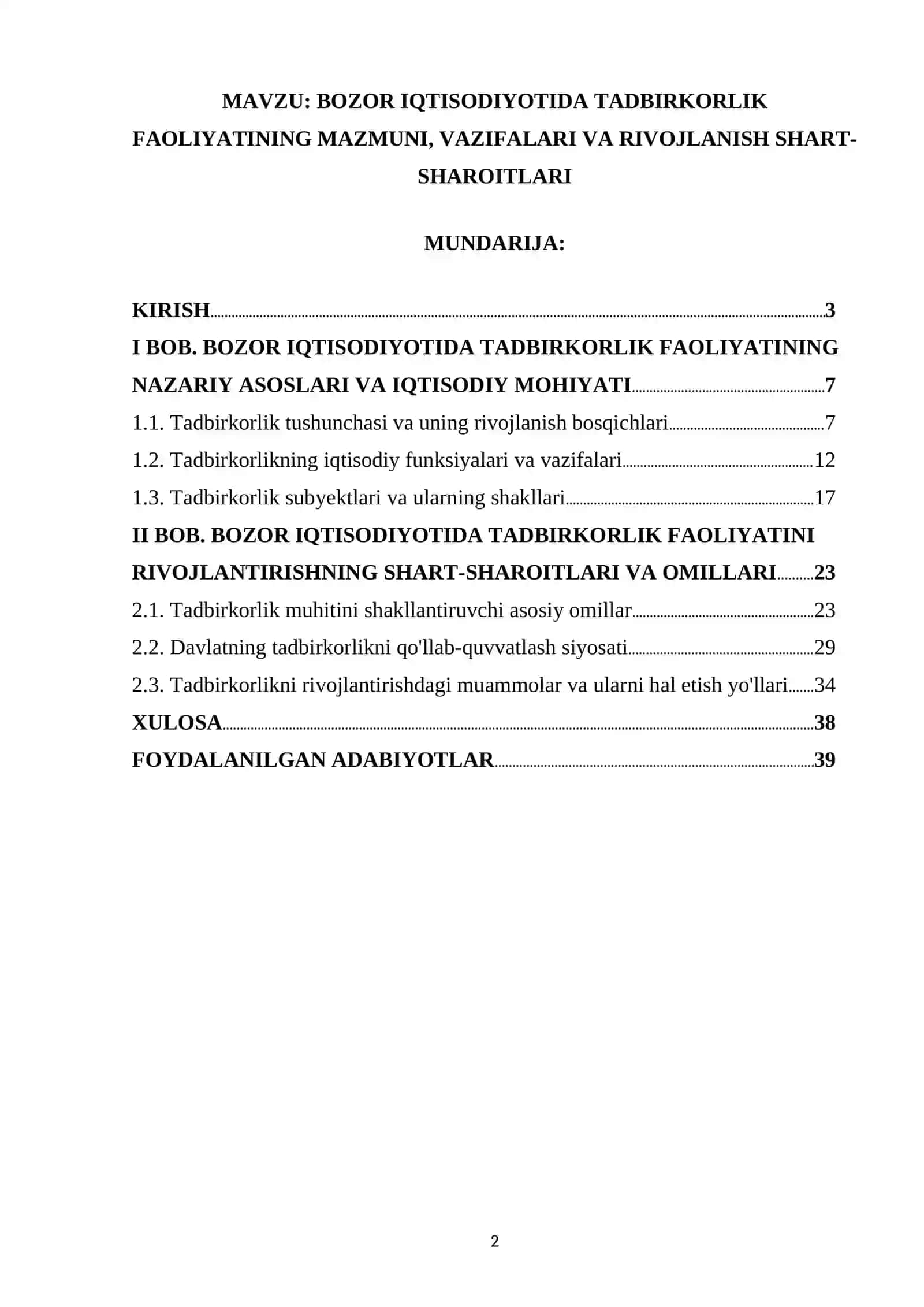 BOZOR IQTISODIYOTIDA TADBIRKORLIK FAOLIYATINING MAZMUNI, VAZIFALARI VA RIVOJLANISH SHART-SHAROITLARI 2