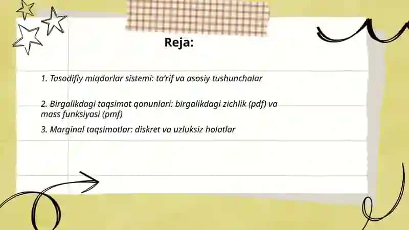 Tasodifiy miqdorlar sistemasi,ularning taqsimot qonunlari shartli taqsimot qonunlari.Kovariatsiya va korrelyasiya.Ikki o'lchovli normal taqsimot qonuni va uning o'ziga hos xususiyati 2