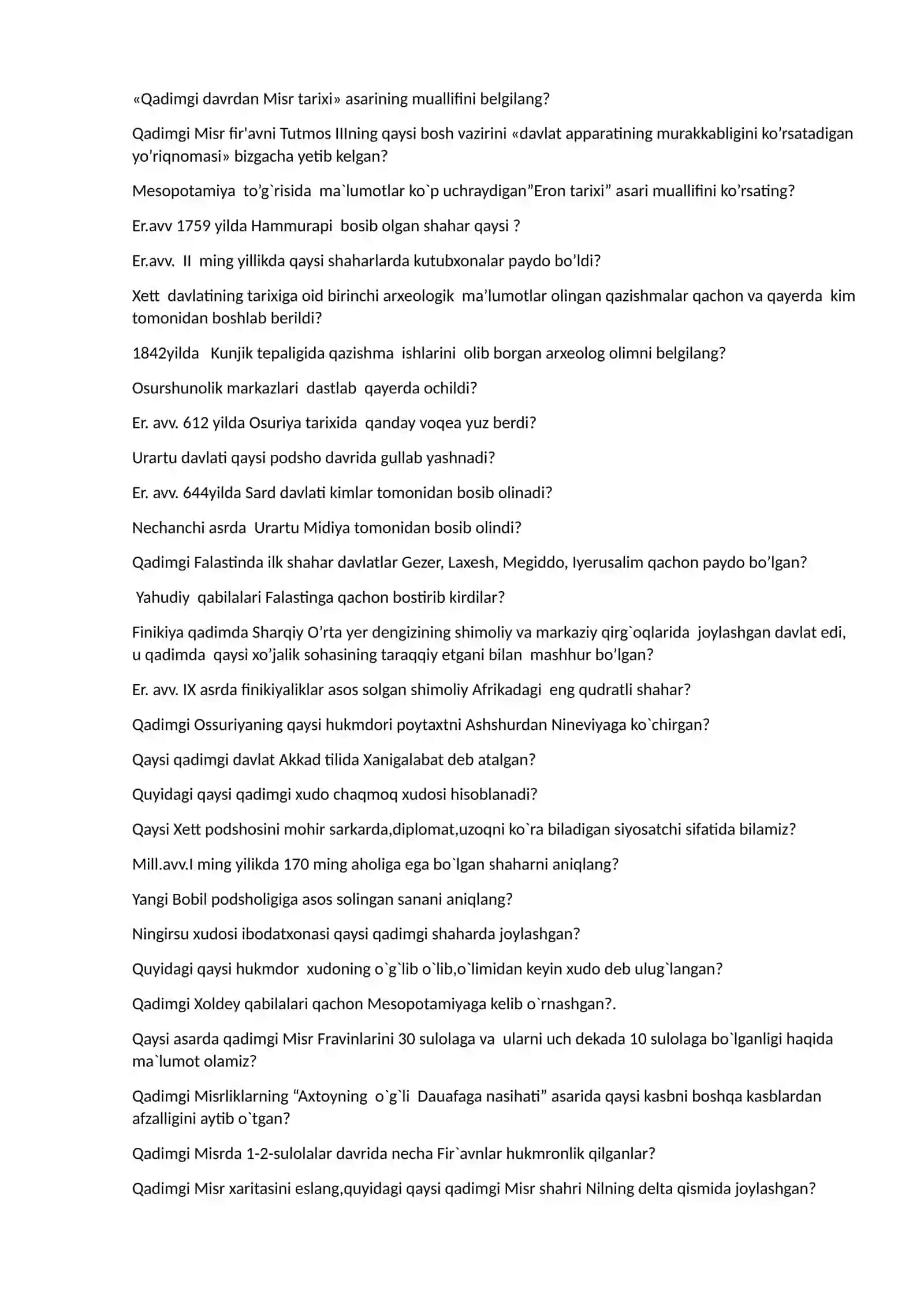 Qadimgi Davlatlar Tarixi Test Savollari 2
