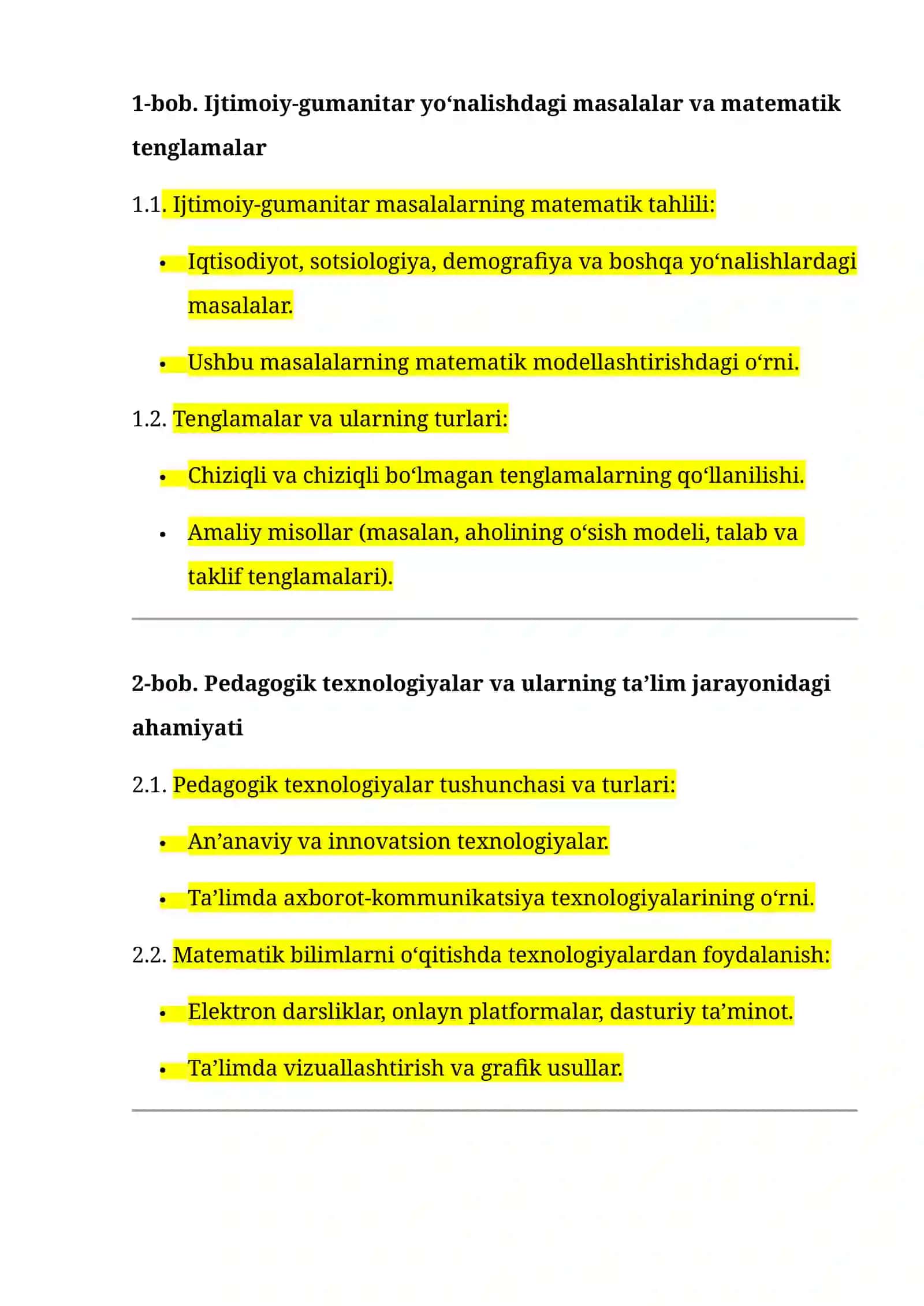 “Tenglamalarning Ijtimoiy-Gumanitar Yo‘nalishdagi Masalalarga Tatbiqi mavzusida Pedagogik Texnologiyalarni Qo‘llashning Ahamiyati”  MAVZUSIDA BITIRUV ISHI 2