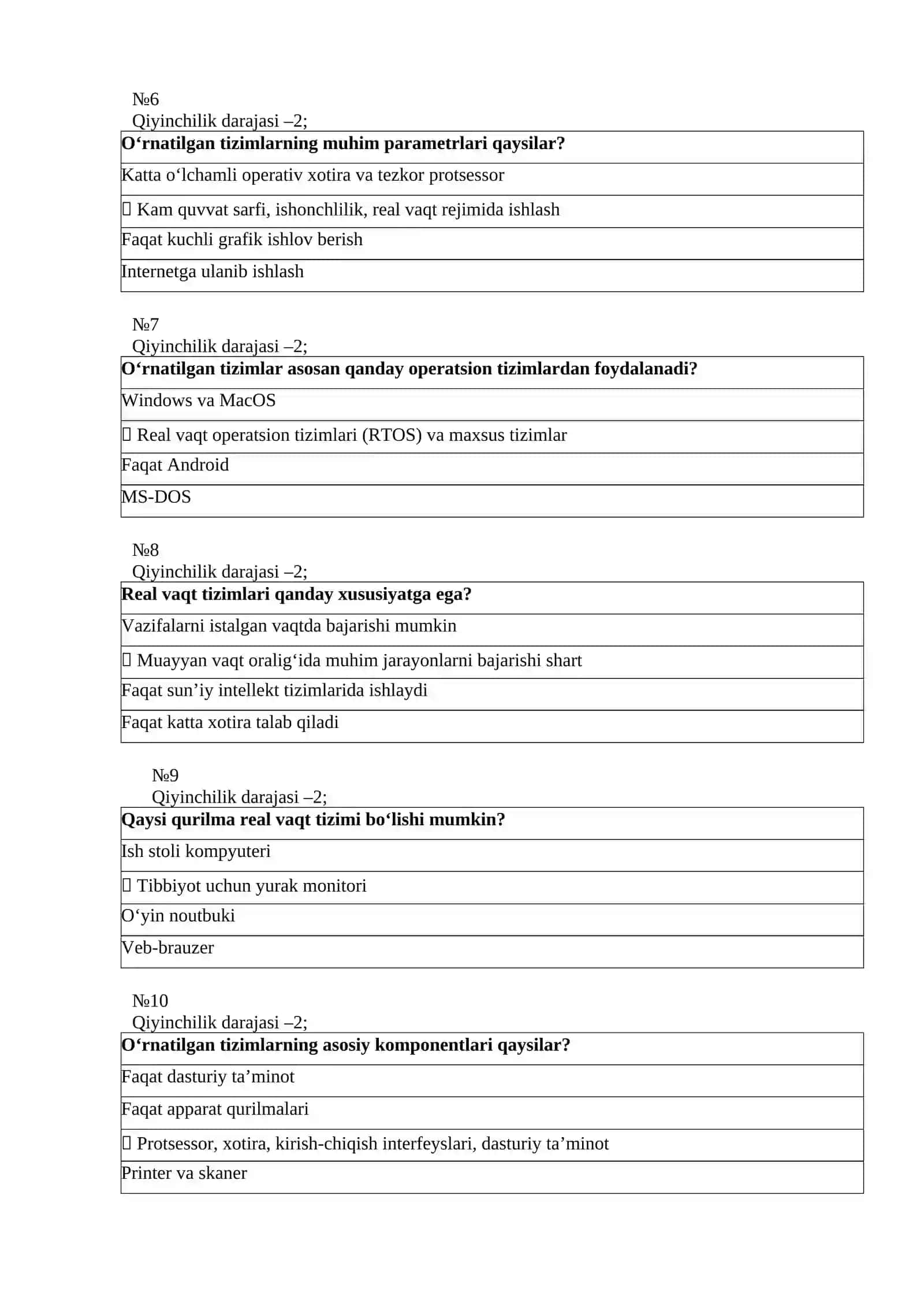 O'rnatilga tizimlar fanidan yakuniy test javoblari 2026-yil 2