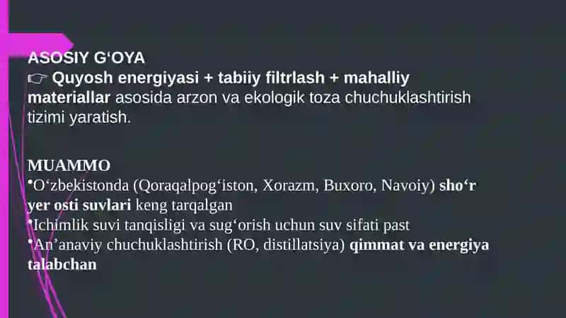 O'zberiston sharoitida sho'r suvlar ni chuchuklashtirish g'oyasi 2