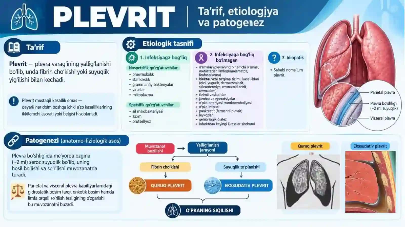 Plevritlar etiologiya, patogenez, patomorfologiya, xarakterli simptomlari. Unda og'iz bo'shlig'ida o'ziga xos o'zgarishlar parhez va medikamentoz davolash. O'pka emfizemasi: etiologiya, patogenez, patomorfologiya, xarakterli simptomlar, og'iz bo'shlig'ida oʻziga xos o'zgarishlar, parhez va medikamentoz davolash. 2