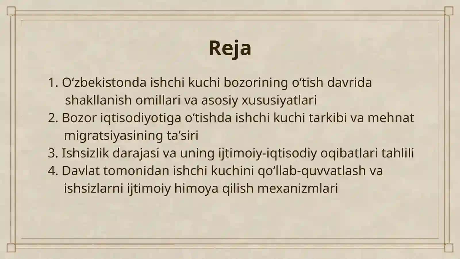 OʻZBEKISTONDA BOZOR IQTISODIYOTIGA OʻTISH DAVRIDA ISHCHI KUCHI BOZORINI SHAKLLANTIRISH, ISHSIZLARNI IJTIMOIY HIMOYA QILISH BORASIDA DAVLATNING TADBIRLARI 2