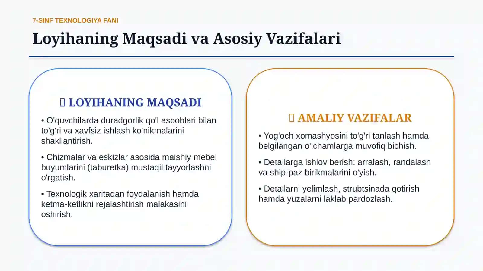 Ishlab chiqarishda sanoat texnikasi — Oddiy taburetka yasash va texnologik xarita | 10 slayd 2