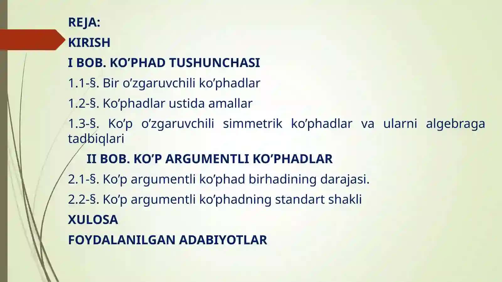 Algebra va sonlar nazariyasi fanidan “Ko’p argumentli ko’phadni normal ifodasi. Ko’p argumentli ko’phad birhadining darajasi” mavzudagi KURS ISHI 2