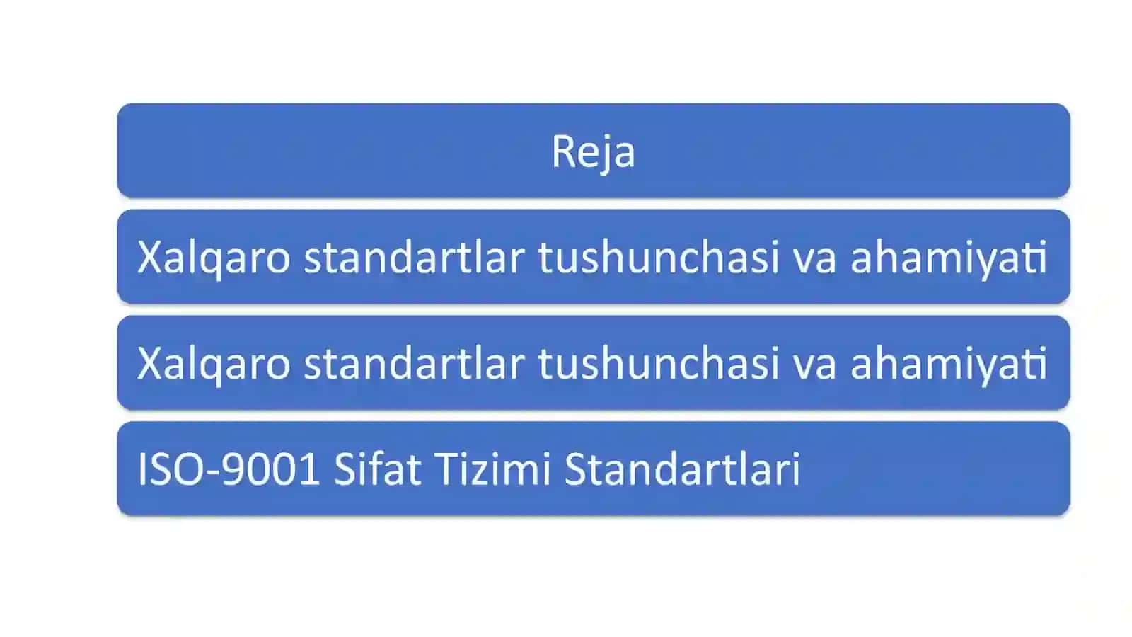 Mavzu: Sifatni boshqarish va mahsulotlarni xalqaro standartlashtirish talablari 2