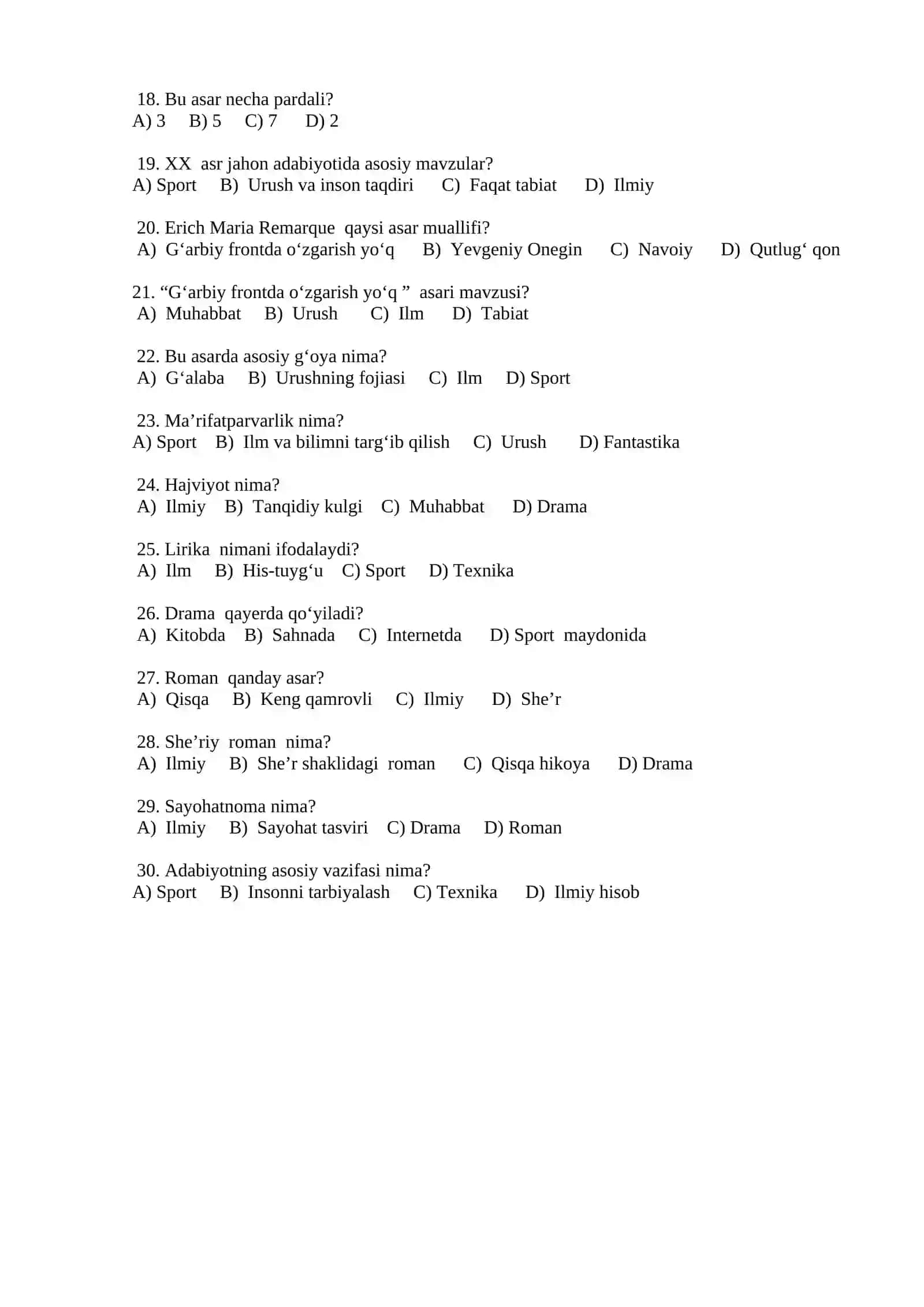 Adabiyot fanidan test 2