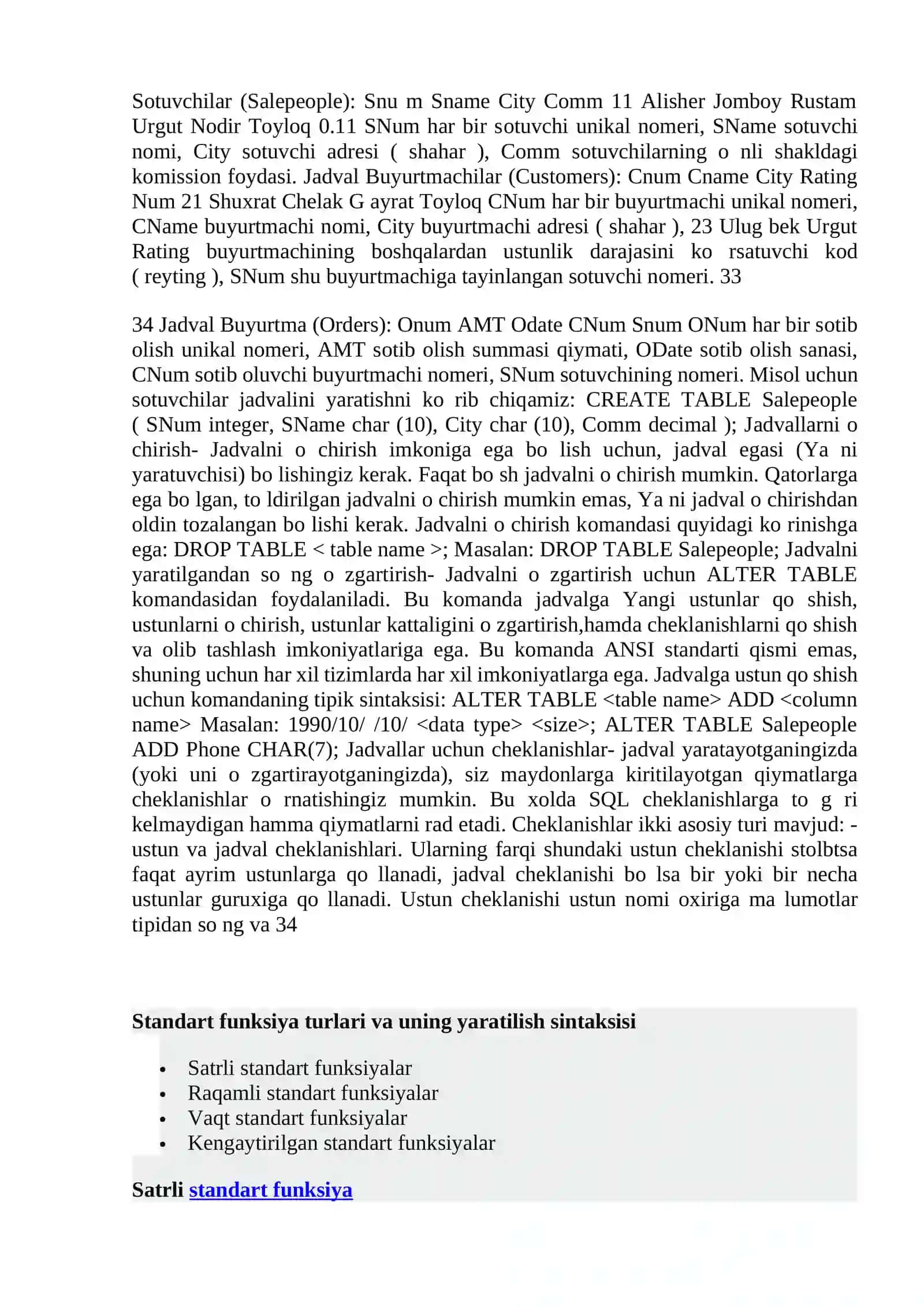 SQL da jarayonlar va standart funksiyalar 2