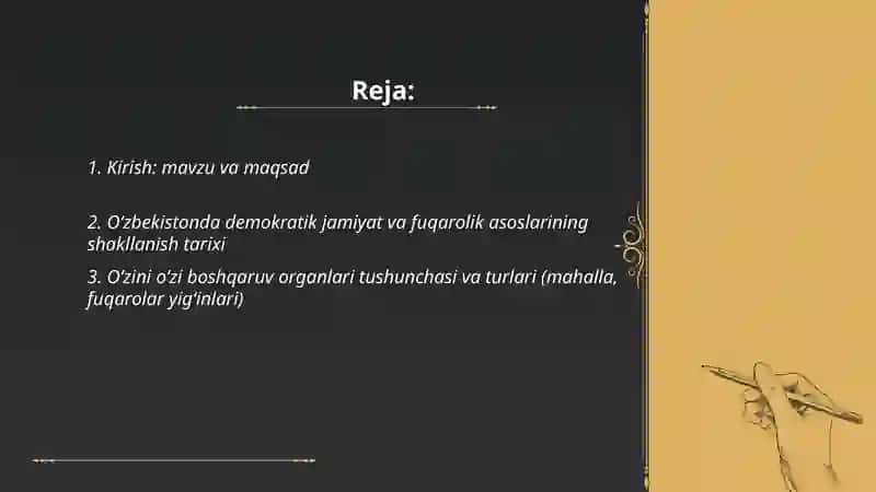 O‘zbekistonda demokratik, fuqarolik jamiyati asoslarining shakllanishi, amalga oshirilgan siyosiy islohotlar mavzusi bo‘yicha oʻzoni o‘zi boshqaruv organlarining faoliyati va ularning jamiyatni demokratlashtirishdagi o‘rni rejasi asosida slayd 2