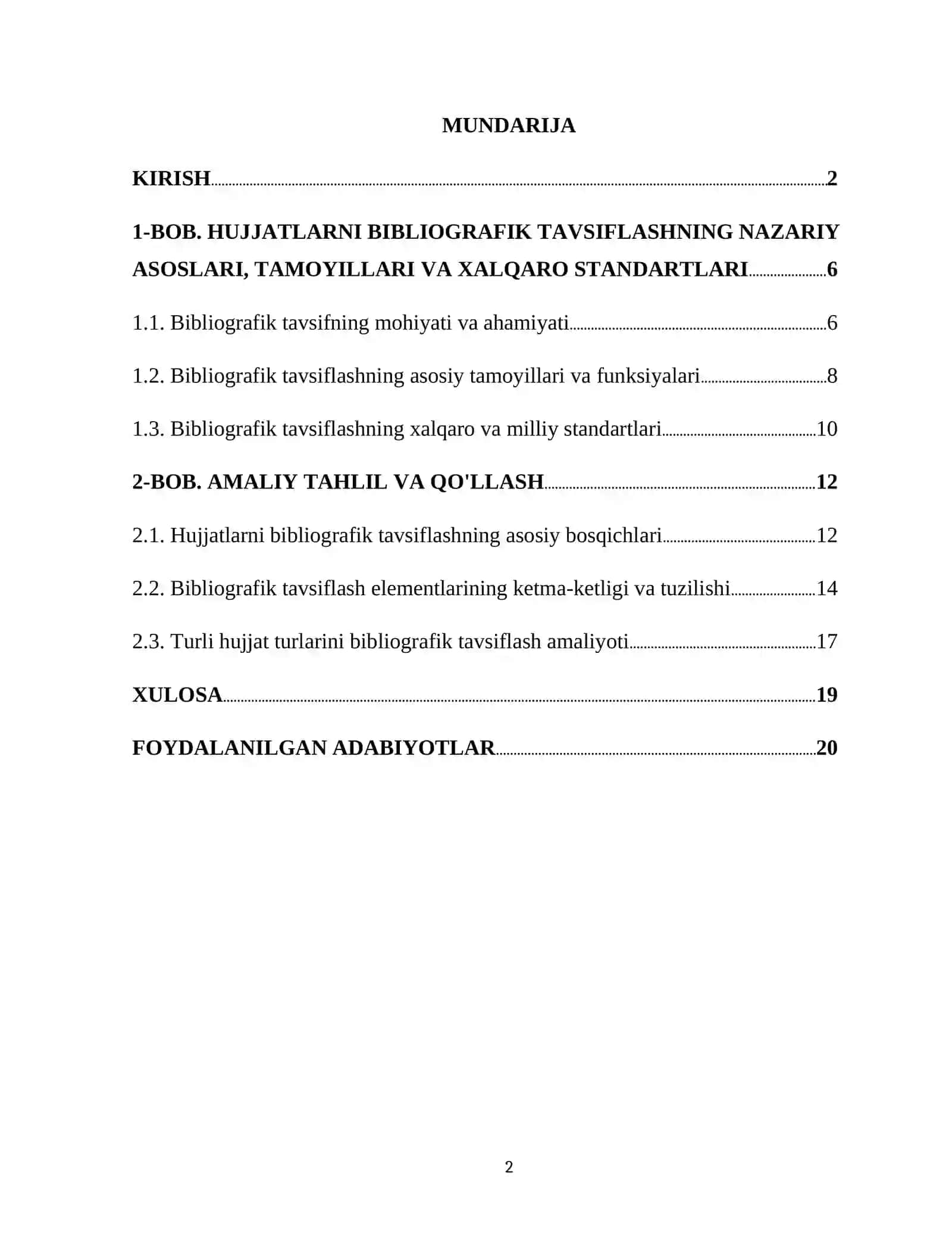 KURS ISHI: HUJJATLARNI BIBLIOGRAFIK TAVSIFLASH BOSQICHLARI VA KETMA-KETLIGINI O’RGANISH 2