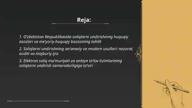 Oʻzbekiston Respublikasida soliqlarni undirish usullari va ulardan foydalanishning tahlili 2