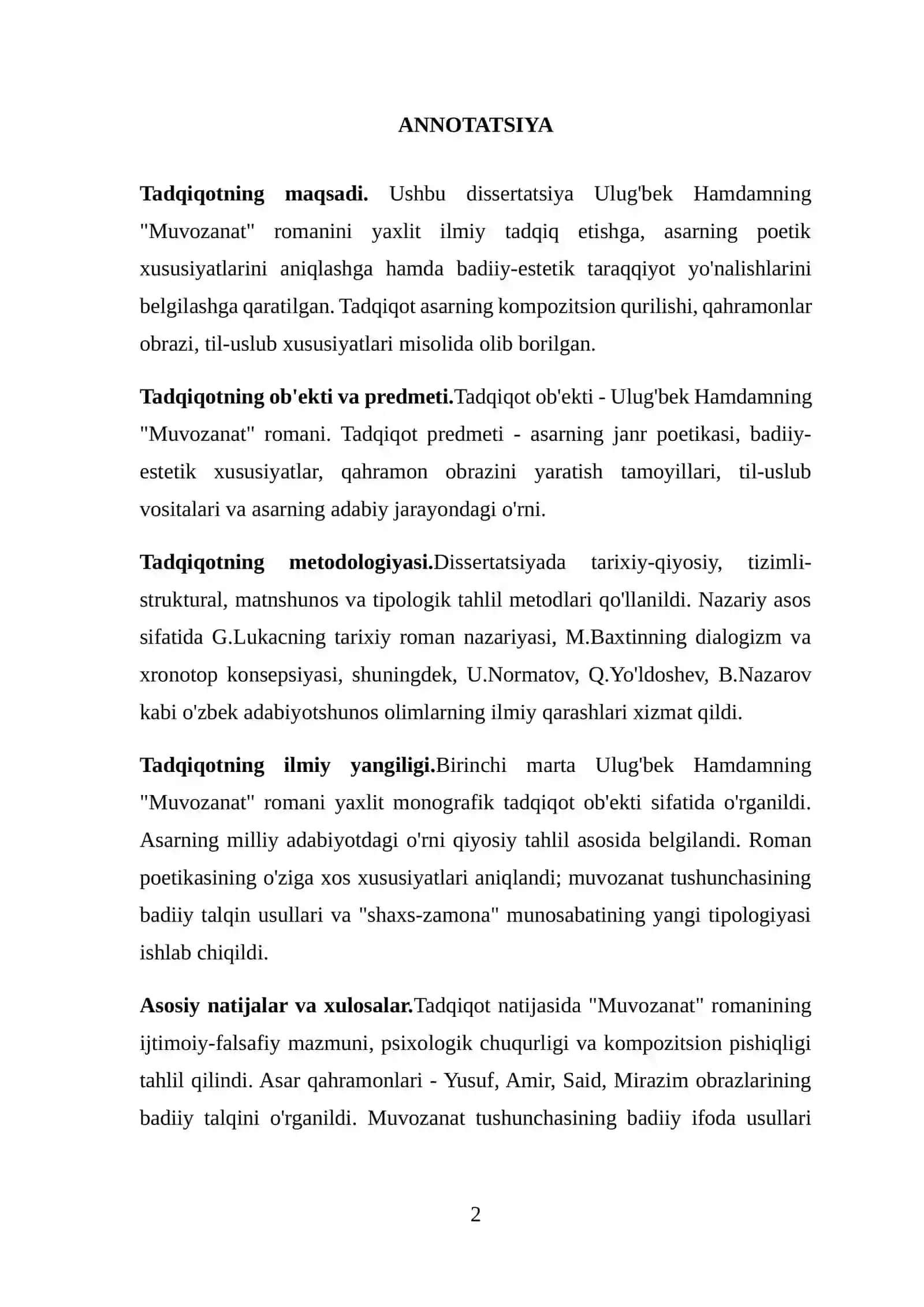 ULUG'BEK HAMDAMNING "MUVOZANAT" ASARI 2