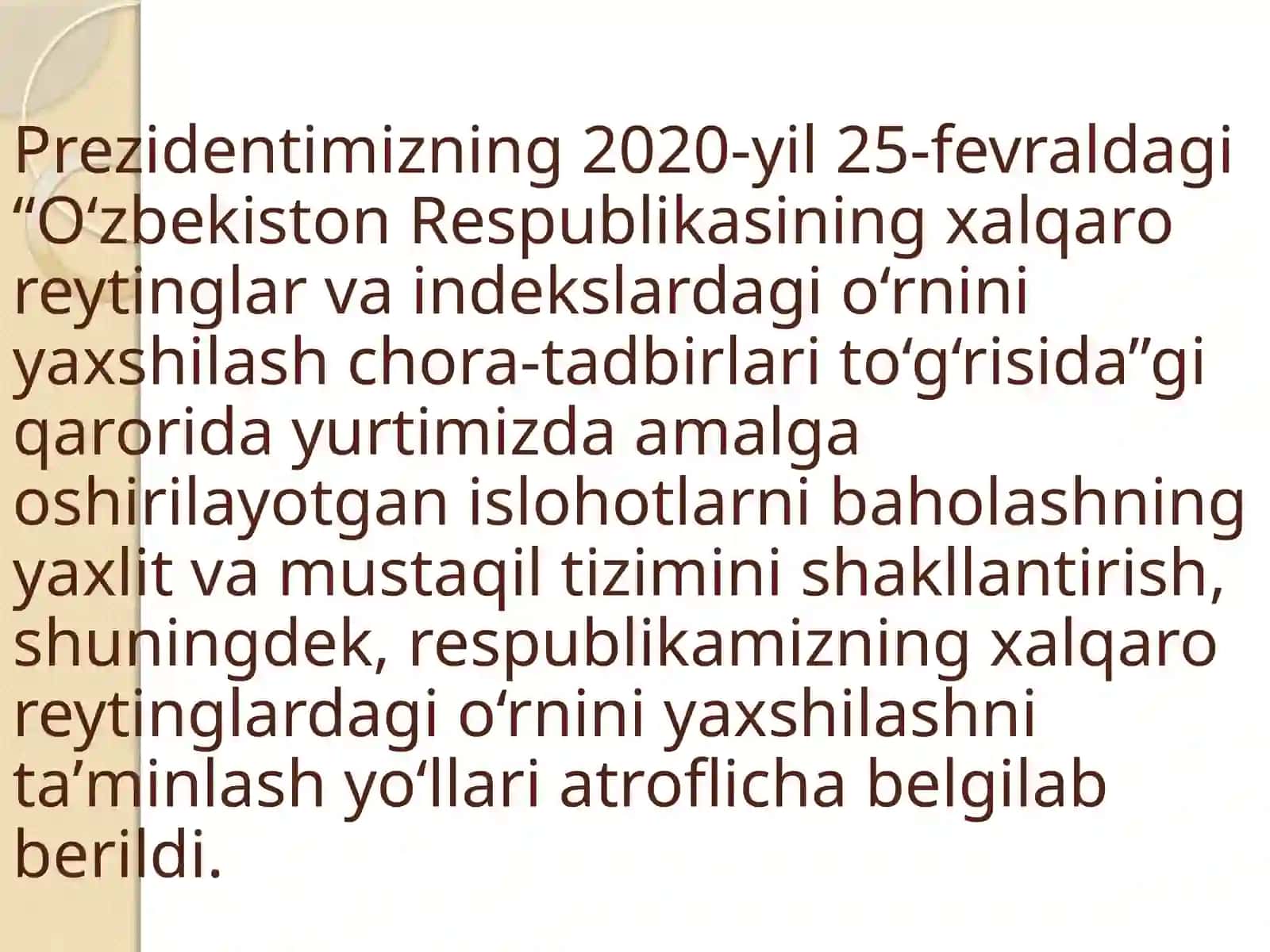 Yangi O‘zbekiston ijtimoiy-siyosiy, iqtisodiy va madaniy hayotida roʻy berayotgan oʻzgarishlarning xalqaro reyting va indekslarda aks etishi 2