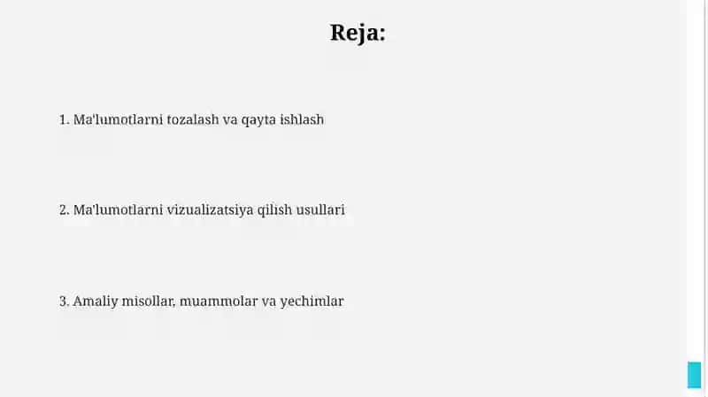 Maʼlumotlar tahlili bosqichlari tozalash, qayta ishlash, vizualizataiya 2
