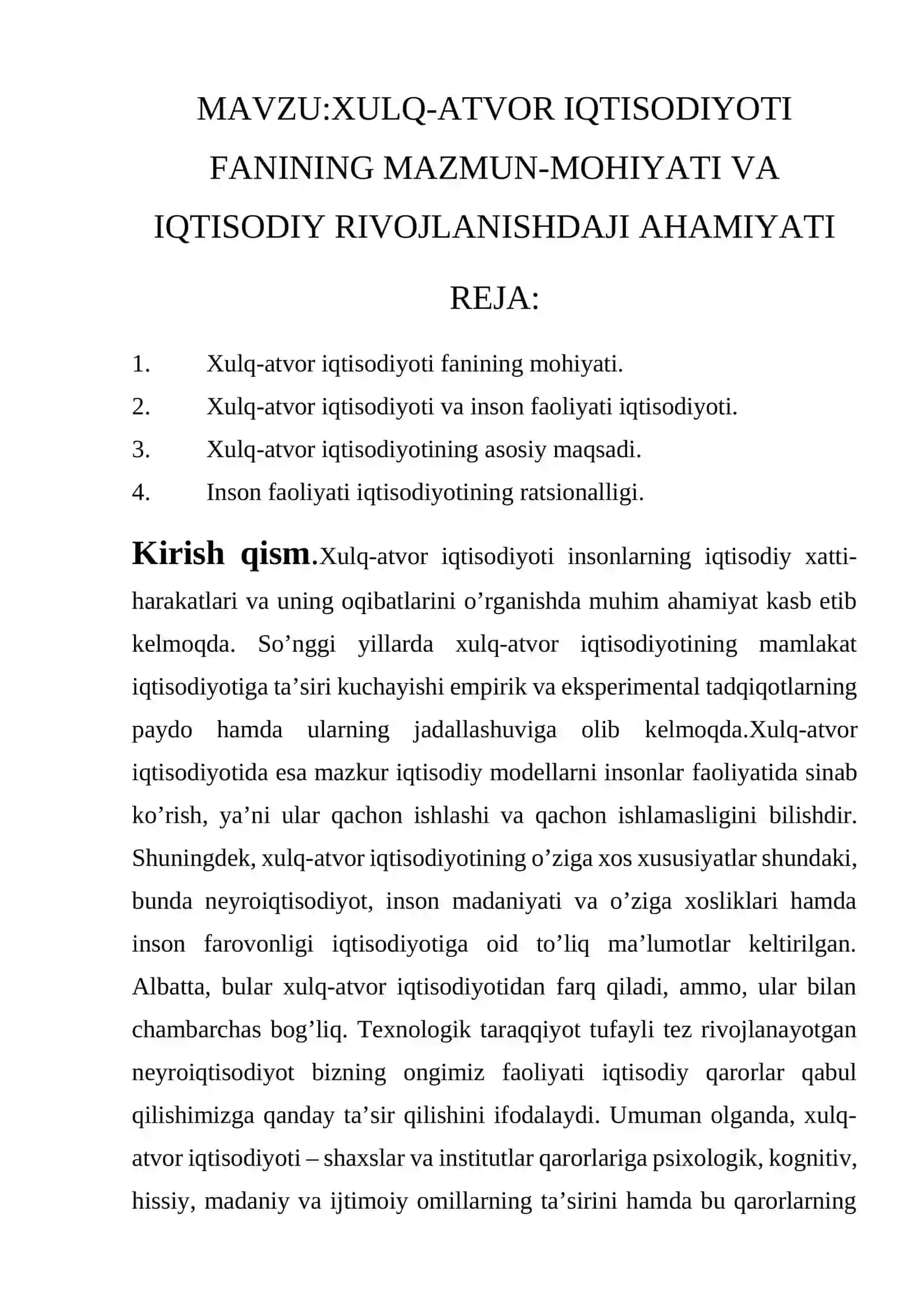 Xulq-Atvor Iqtisodiyoti va Inson Faoliyati 2