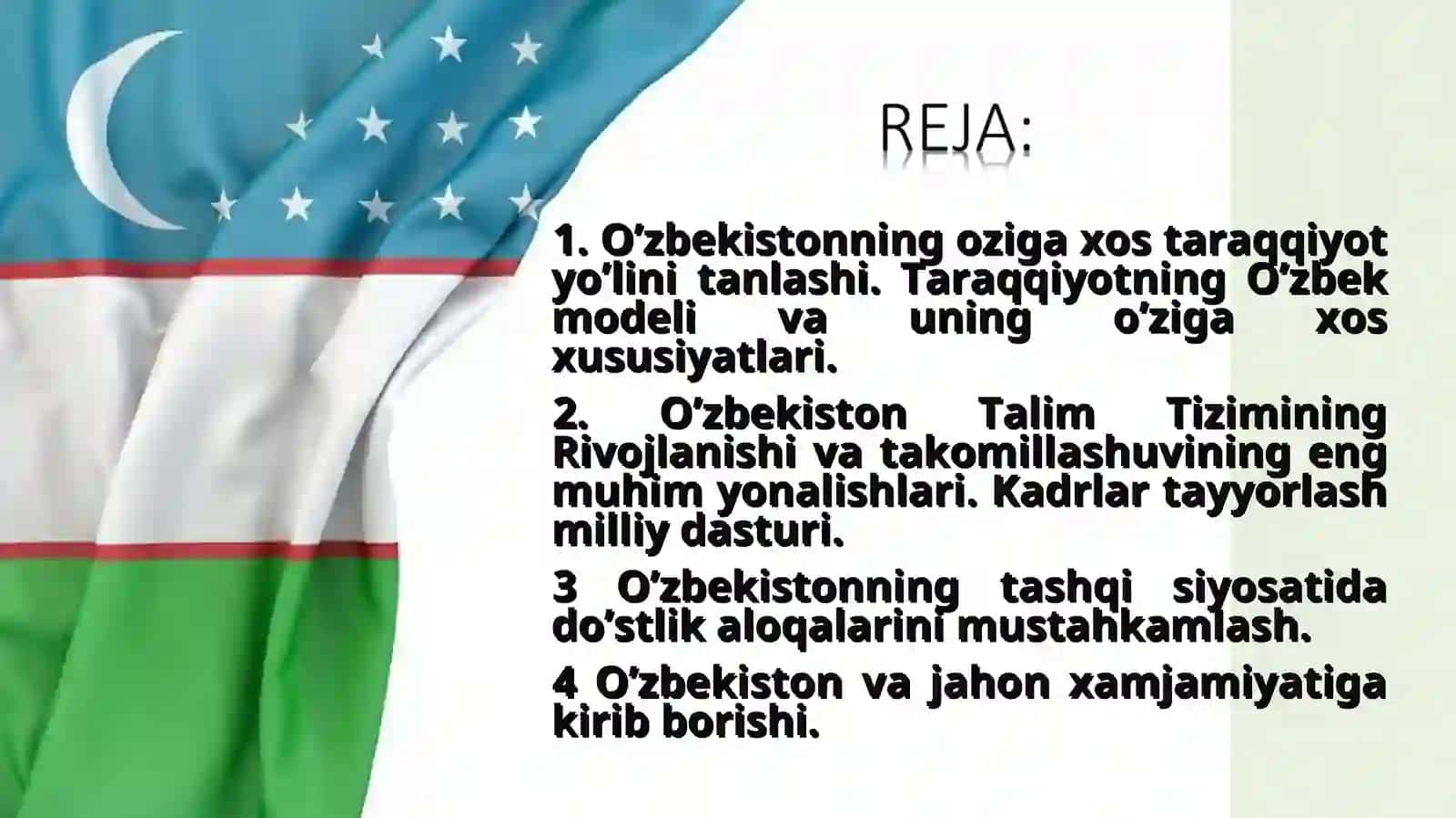 O’zbekistonning oziga xos taraqqiyot yo’lini tanlashi. Taraqqiyotning O’zbek modeli va uning o’ziga xos xususiyatlari 2