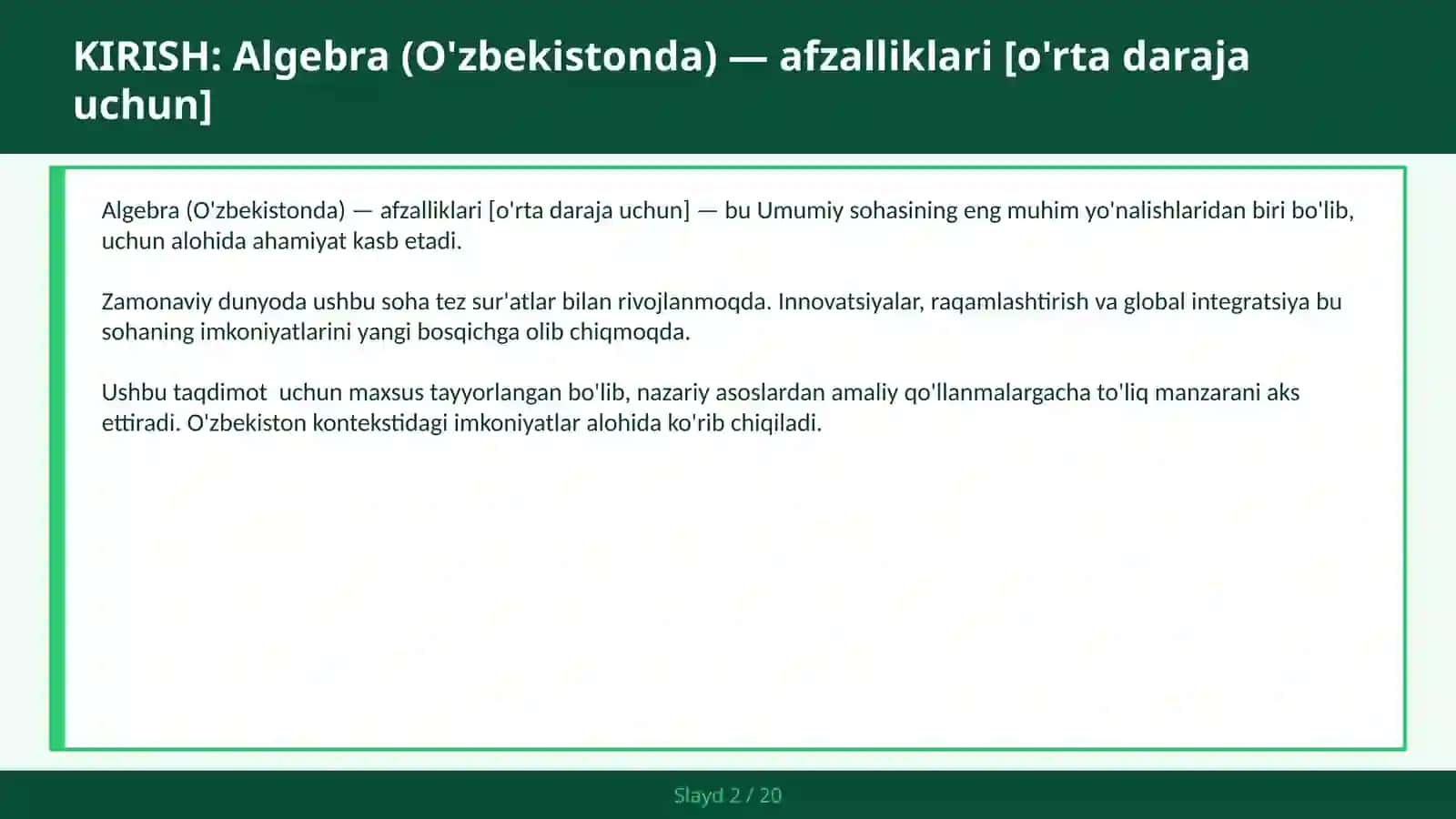 Algebra (O'zbekistonda) — afzalliklari [o'rta daraja uchun] 2