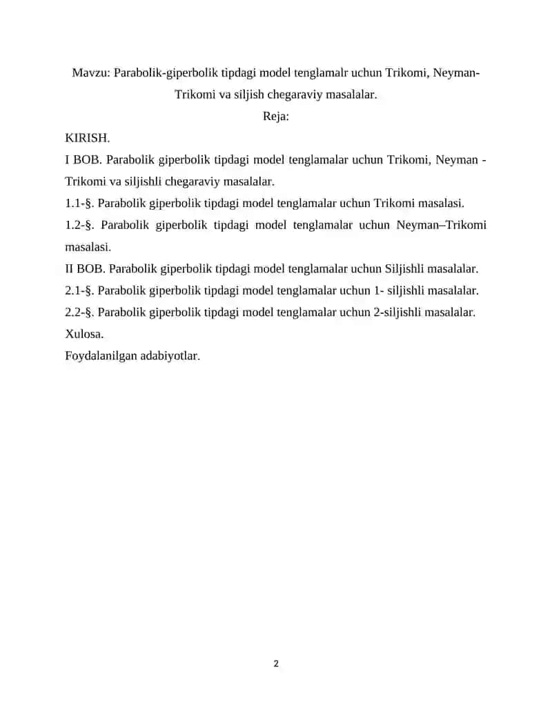 Parabolik-giperbolik tipdagi model tenglamalr uchun Trikomi, Neyman-Trikomi va siljish chegaraviy masalalar. 2