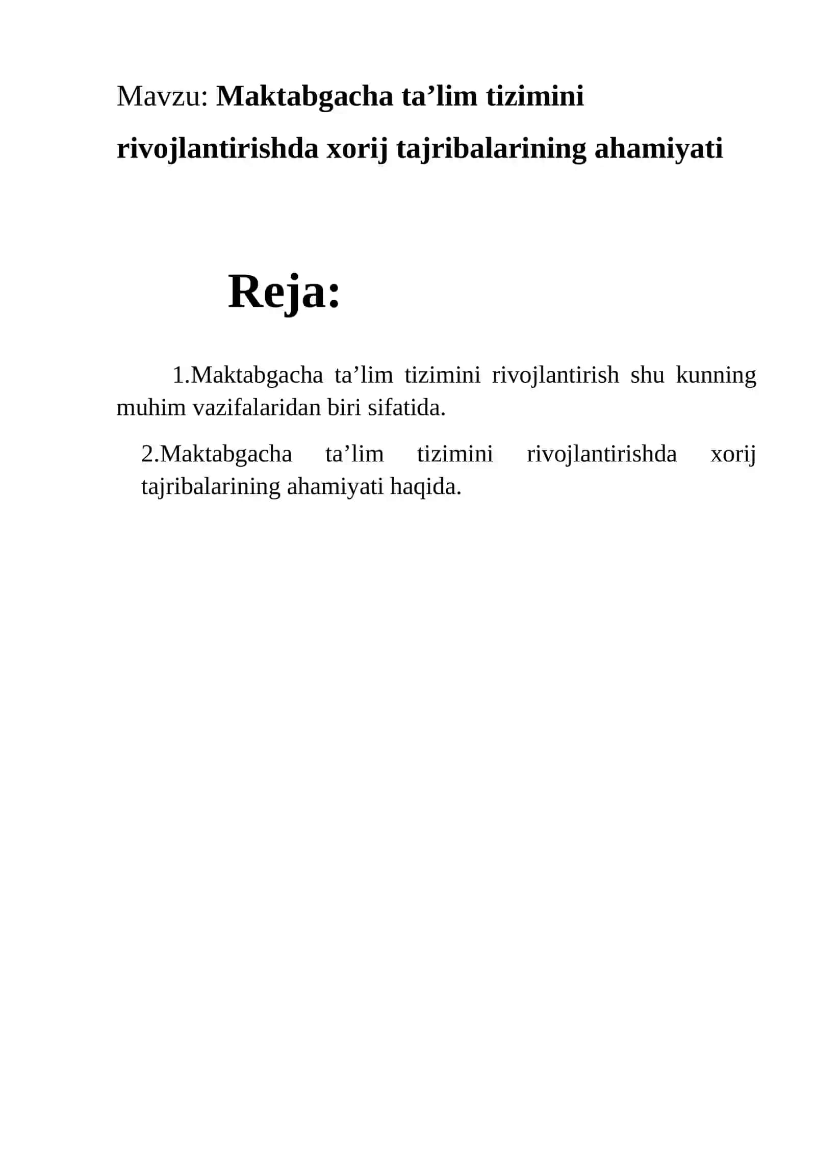 "Maktabgacha ta’lim tizimini rivojlantirishda xorij tajribalarining ahamiyati" 2